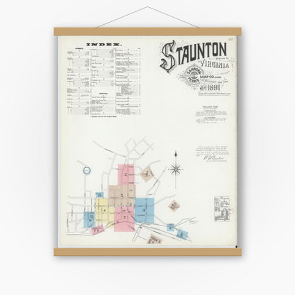 Old map wall art mockup — magnetic wood frame on white wall — Sanborn Fire Insurance Map from Staunton, Independent Cities, Virginia (1891), Sheet #0001