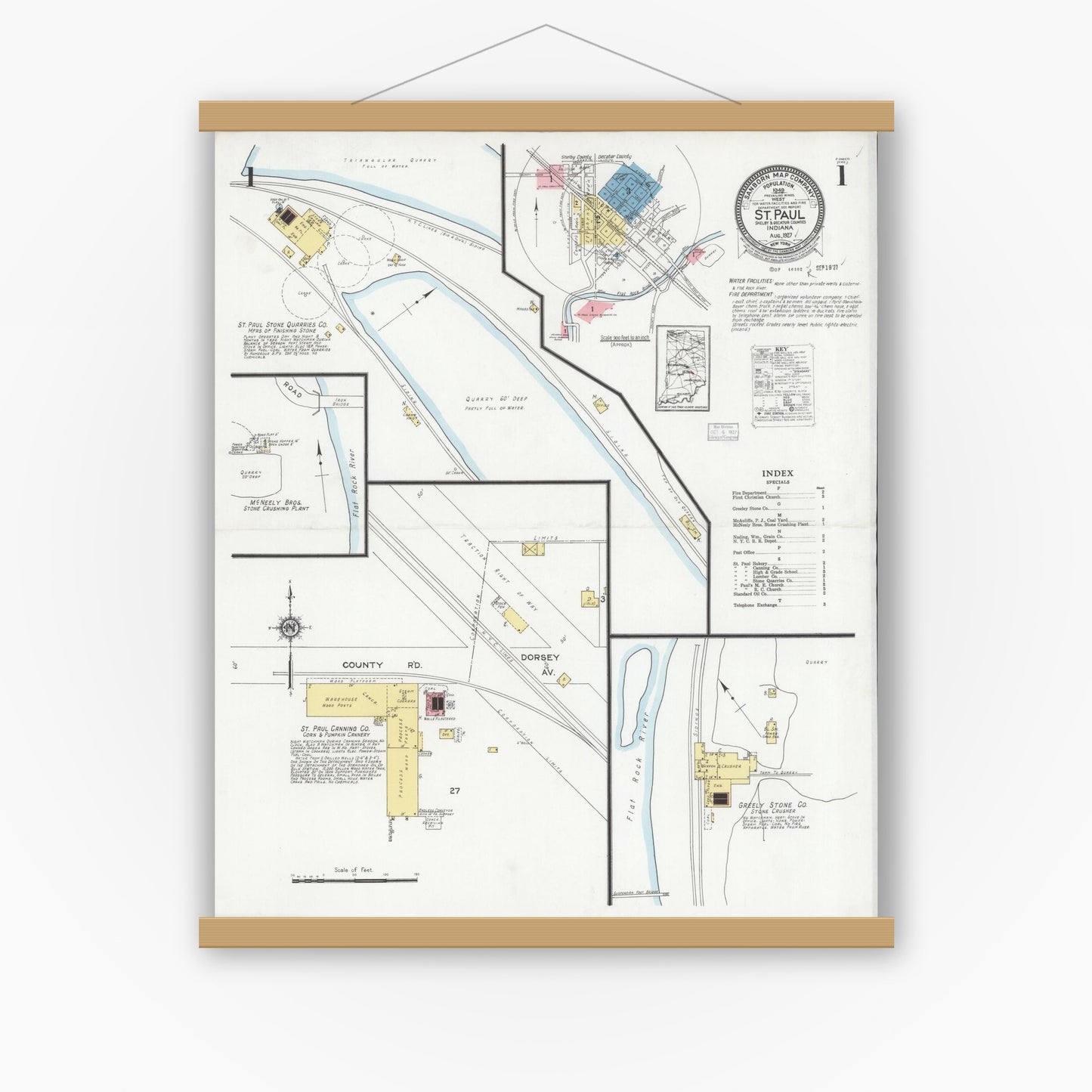 Old map wall art mockup — magnetic wood frame on white wall — Sanborn Fire Insurance Map from Saint Paul, Shelby And Decatur Counties, Indiana (1927), Sheet #0001