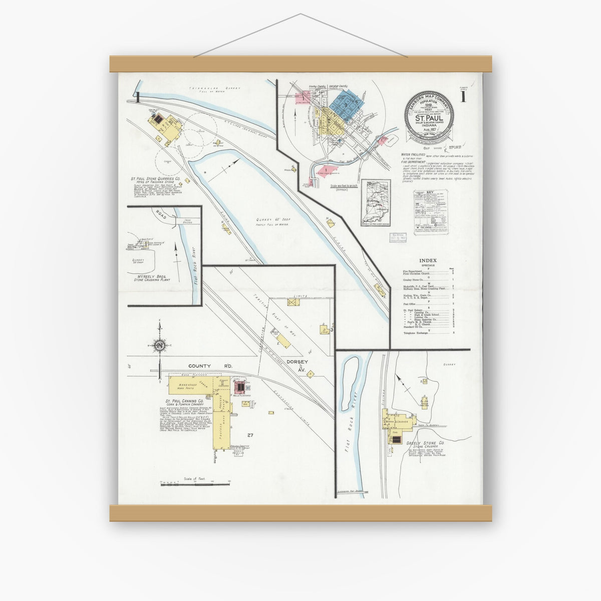 Old map wall art mockup — magnetic wood frame on white wall — Sanborn Fire Insurance Map from Saint Paul, Shelby And Decatur Counties, Indiana (1927), Sheet #0001