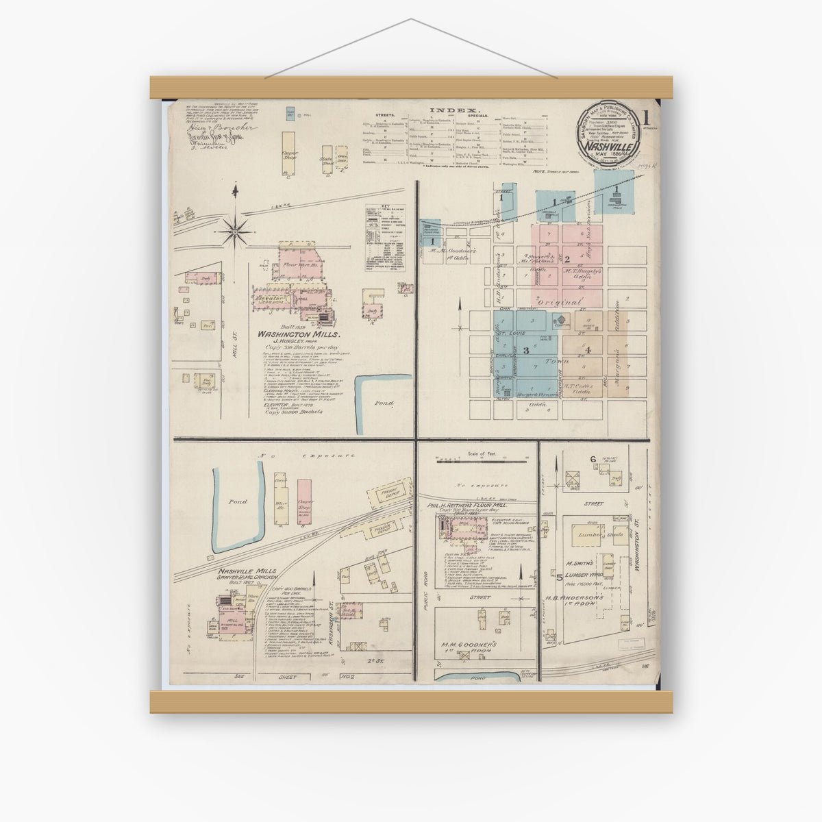Old map wall art mockup — magnetic wood frame on white wall — Sanborn Fire Insurance Map from Nashville, Washington County, Illinois (1886) - Complete Map Set