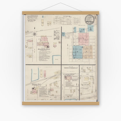Old map wall art mockup — magnetic wood frame on white wall — Sanborn Fire Insurance Map from Nashville, Washington County, Illinois (1886) - Complete Map Set