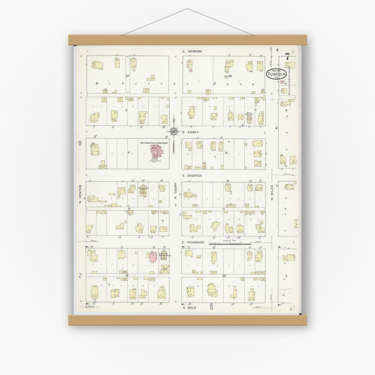 Old map wall art mockup — magnetic wood frame on white wall — Sanborn Fire Insurance Map from Tuscola, Douglas County, Illinois (1914), Sheet #0007