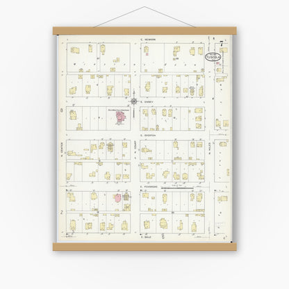 Old map wall art mockup — magnetic wood frame on white wall — Sanborn Fire Insurance Map from Tuscola, Douglas County, Illinois (1914), Sheet #0007