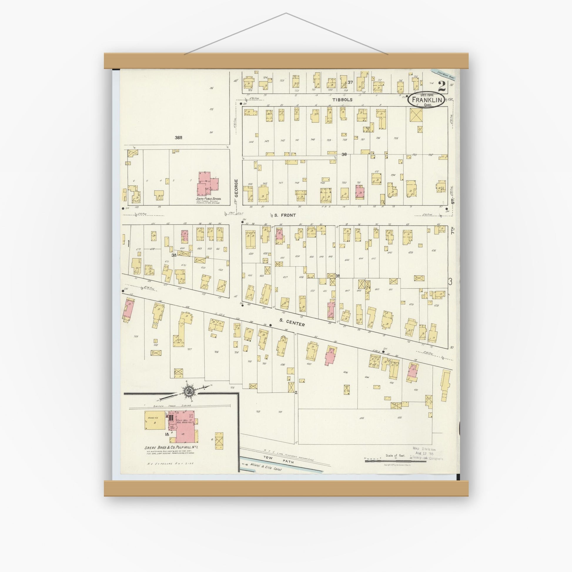 Old map wall art mockup — magnetic wood frame on white wall — Sanborn Fire Insurance Map from Franklin, Warren County, Ohio (1916), Sheet #0002