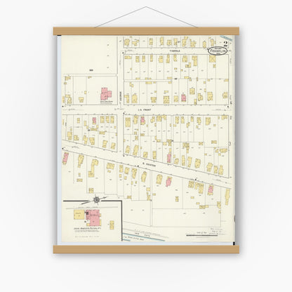 Old map wall art mockup — magnetic wood frame on white wall — Sanborn Fire Insurance Map from Franklin, Warren County, Ohio (1916), Sheet #0002