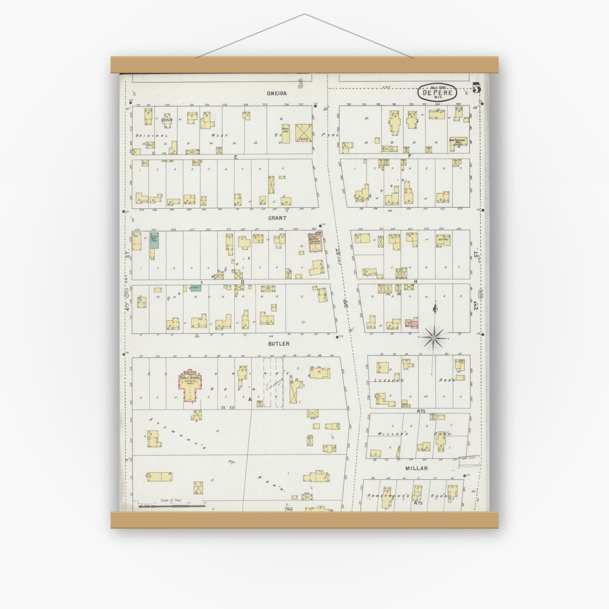 Old map wall art mockup — magnetic wood frame on white wall — Sanborn Fire Insurance Map from De Pere, Brown County, Wisconsin (1895), Sheet #0005