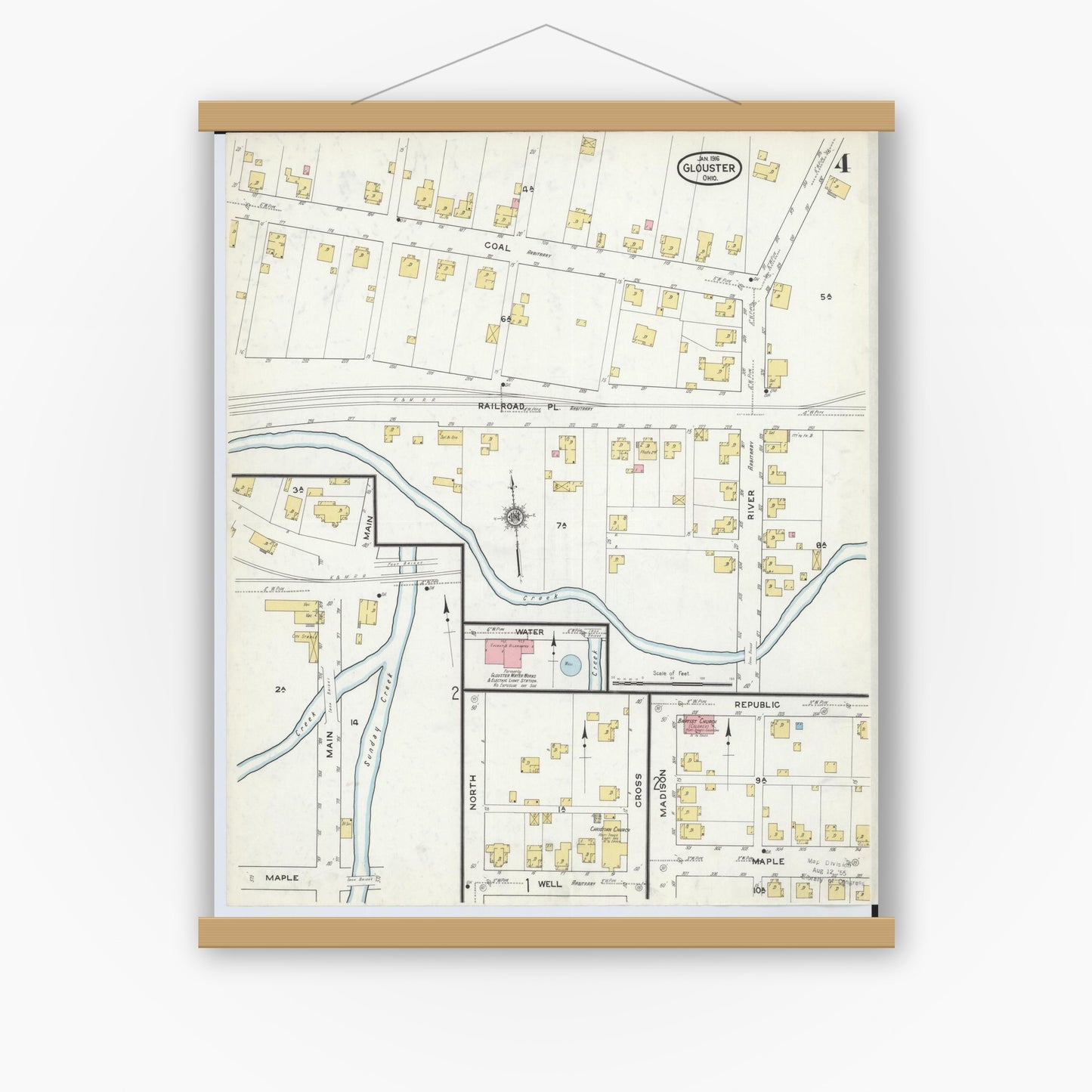 Old map wall art mockup — magnetic wood frame on white wall — Sanborn Fire Insurance Map from Glouster, Athens County, Ohio (1912), Sheet #0004