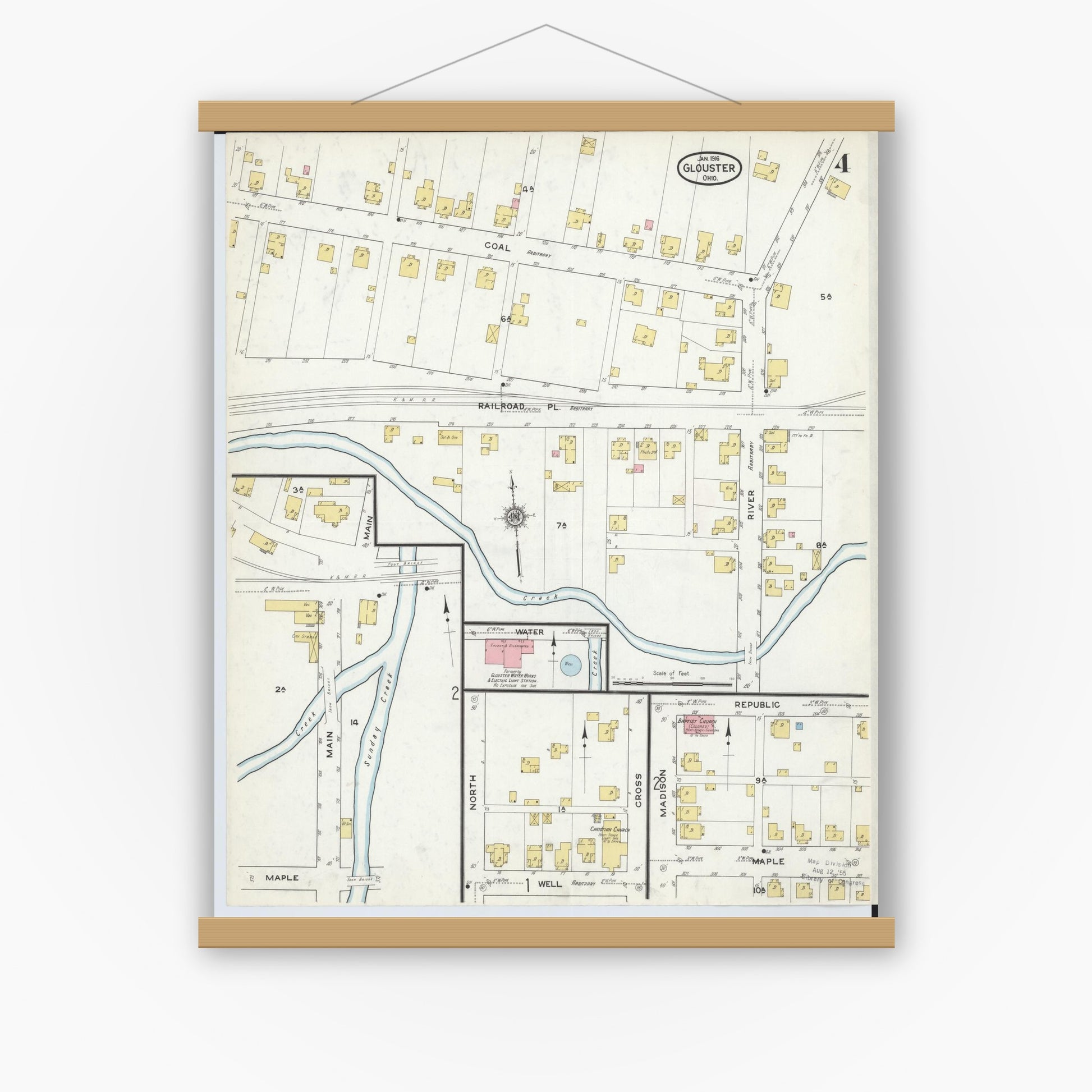 Old map wall art mockup — magnetic wood frame on white wall — Sanborn Fire Insurance Map from Glouster, Athens County, Ohio (1912), Sheet #0004
