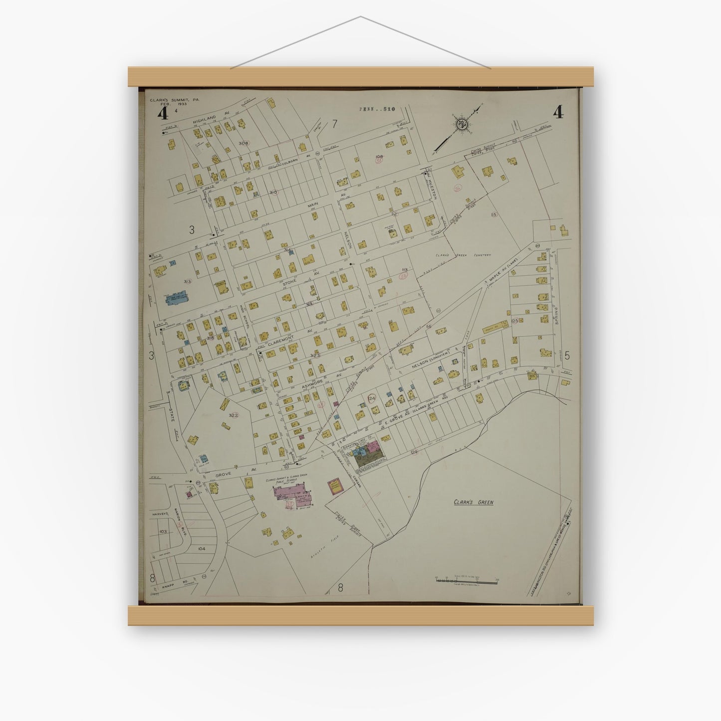 Old map wall art mockup — magnetic wood frame on white wall — Sanborn Fire Insurance Map from Clark's Summit, Lackawanna County, Pennsylvania (1942), Sheet #0004