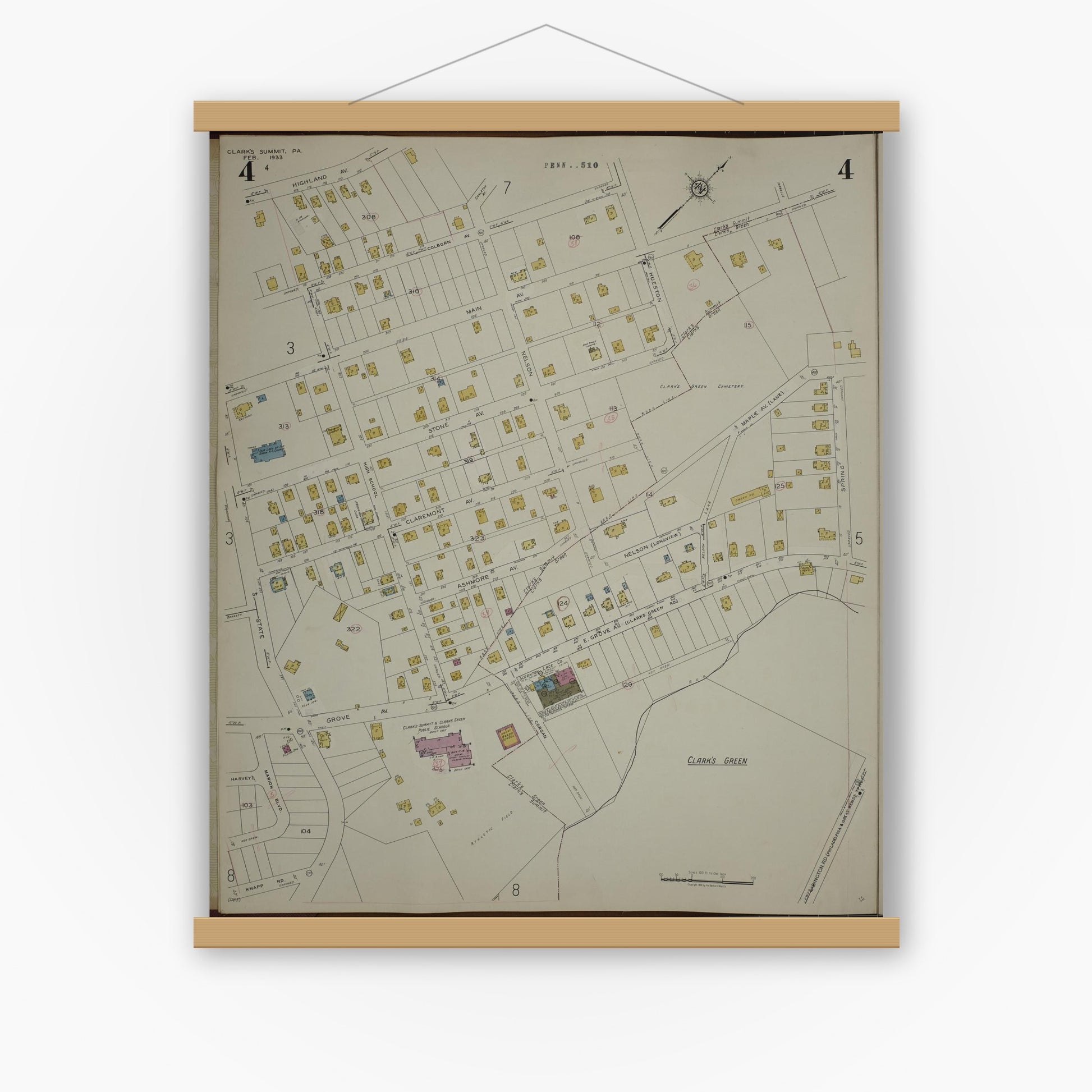 Old map wall art mockup — magnetic wood frame on white wall — Sanborn Fire Insurance Map from Clark's Summit, Lackawanna County, Pennsylvania (1942), Sheet #0004