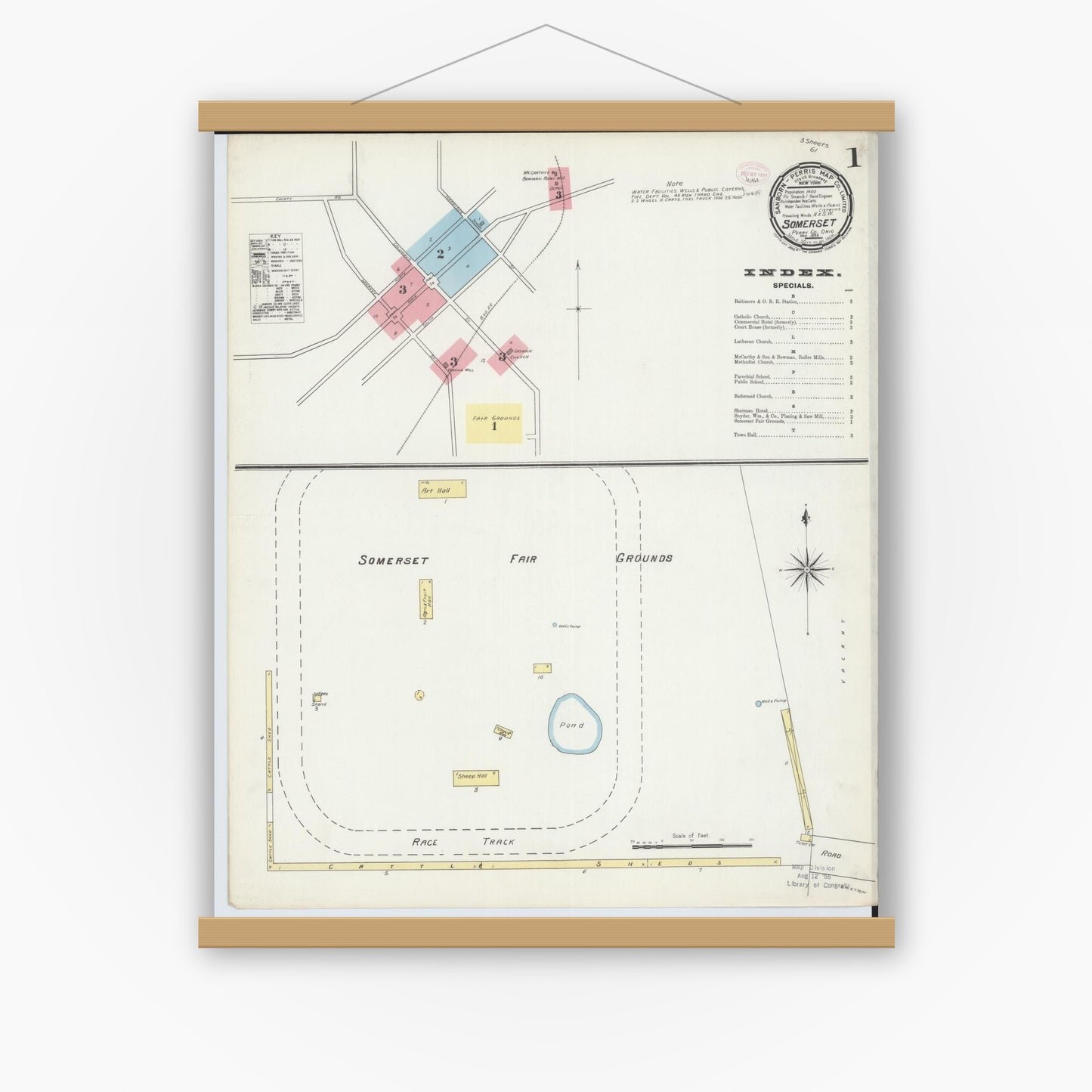 Old map wall art mockup — magnetic wood frame on white wall — Sanborn Fire Insurance Map from Somerset, Perry County, Ohio (1895), Sheet #0001