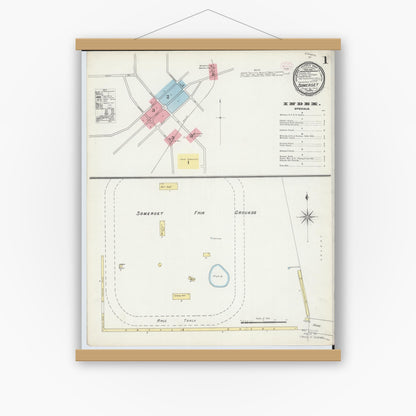 Old map wall art mockup — magnetic wood frame on white wall — Sanborn Fire Insurance Map from Somerset, Perry County, Ohio (1895), Sheet #0001