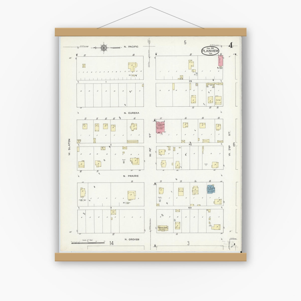 Old map wall art mockup — magnetic wood frame on white wall — Sanborn Fire Insurance Map from Plainview, Hale County, Texas (1914), Sheet #0004