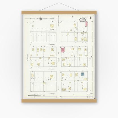 Old map wall art mockup — magnetic wood frame on white wall — Sanborn Fire Insurance Map from Plainview, Hale County, Texas (1914), Sheet #0004