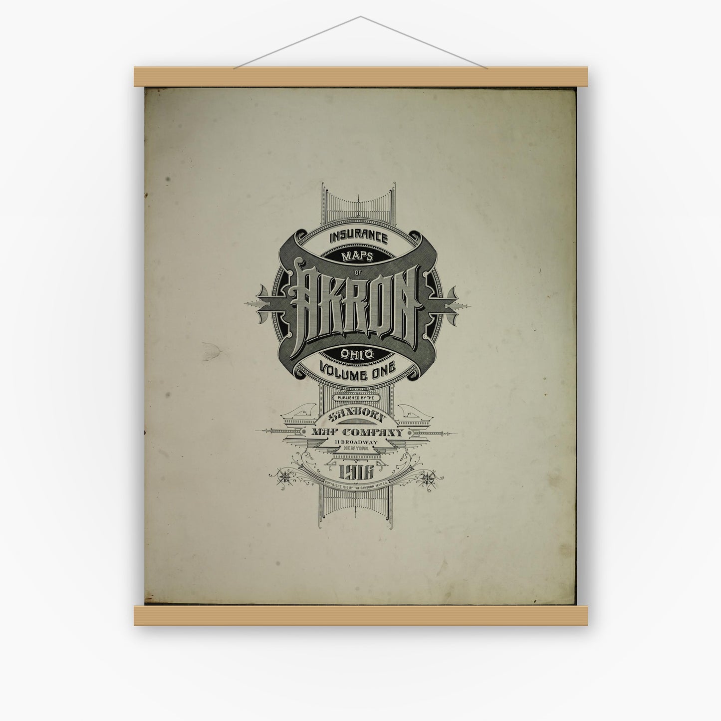 Old map wall art mockup — magnetic wood frame on white wall — Sanborn Fire Insurance Map from Akron, Summit County, Ohio (1916), Sheet #0001