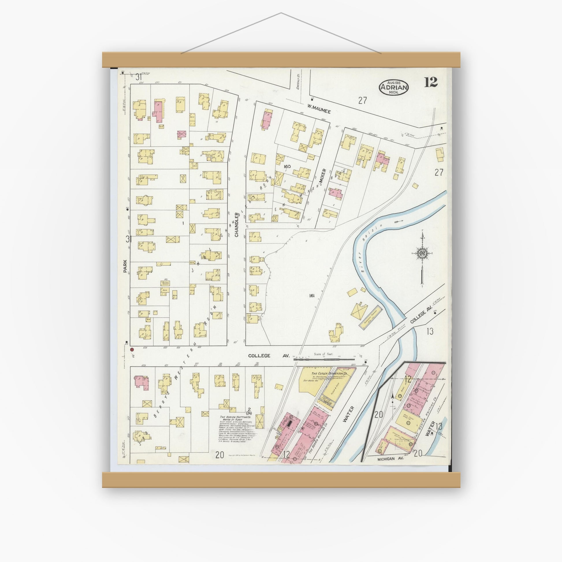 Old map wall art mockup — magnetic wood frame on white wall — Sanborn Fire Insurance Map from Adrian, Lenawee County, Michigan (1916), Sheet #0012