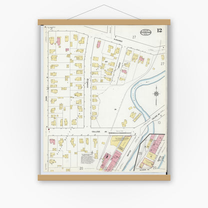 Old map wall art mockup — magnetic wood frame on white wall — Sanborn Fire Insurance Map from Adrian, Lenawee County, Michigan (1916), Sheet #0012