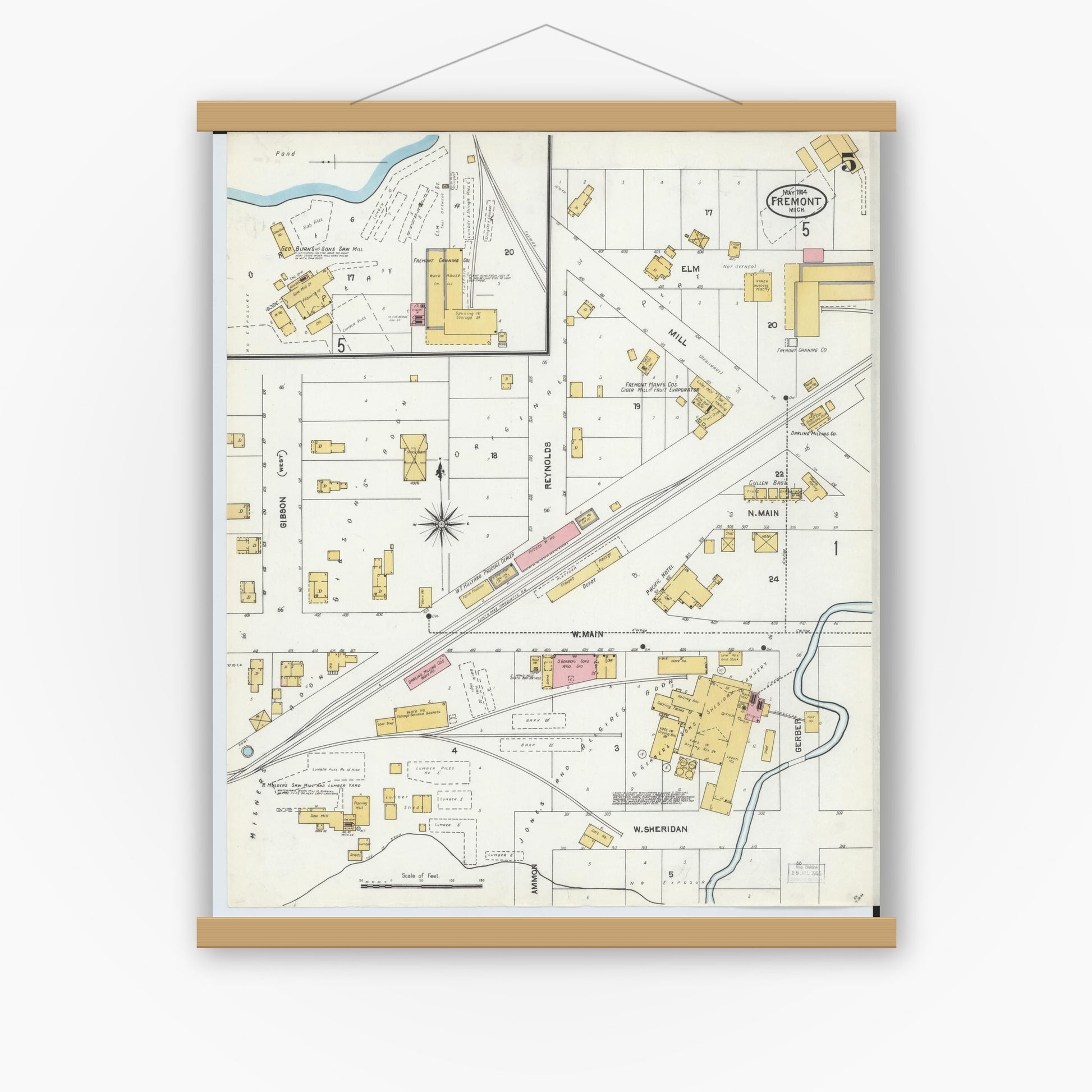 Old map wall art mockup — magnetic wood frame on white wall — Sanborn Fire Insurance Map from Fremont, Newaygo County, Michigan (1904), Sheet #0005
