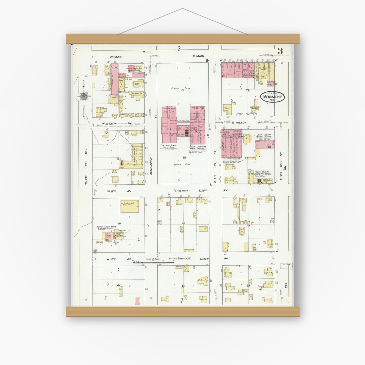 Old map wall art mockup — magnetic wood frame on white wall — Sanborn Fire Insurance Map from Menomonie, Dunn County, Wisconsin (1910), Sheet #0003