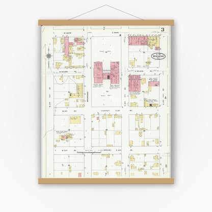 Old map wall art mockup — magnetic wood frame on white wall — Sanborn Fire Insurance Map from Menomonie, Dunn County, Wisconsin (1910), Sheet #0003