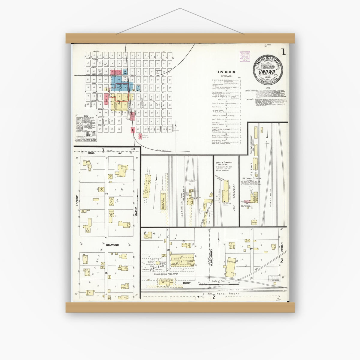 Old map wall art mockup — magnetic wood frame on white wall — Sanborn Fire Insurance Map from Onawa, Monona County, Iowa (1907) â€” Complete Set