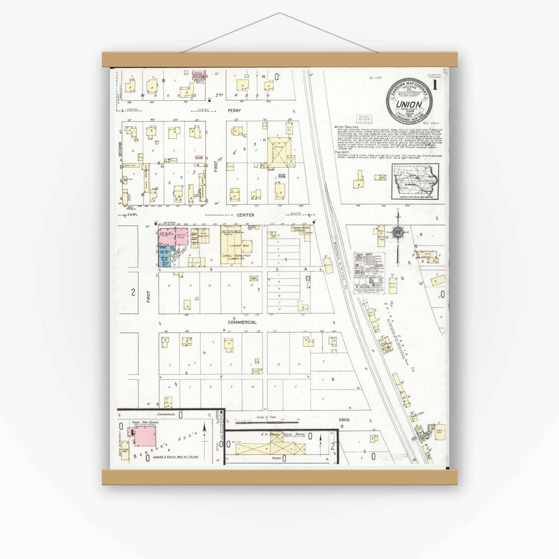 Old map wall art mockup — magnetic wood frame on white wall — Sanborn Fire Insurance Map from Union, Hardin County, Iowa (1921) â€” Complete Set