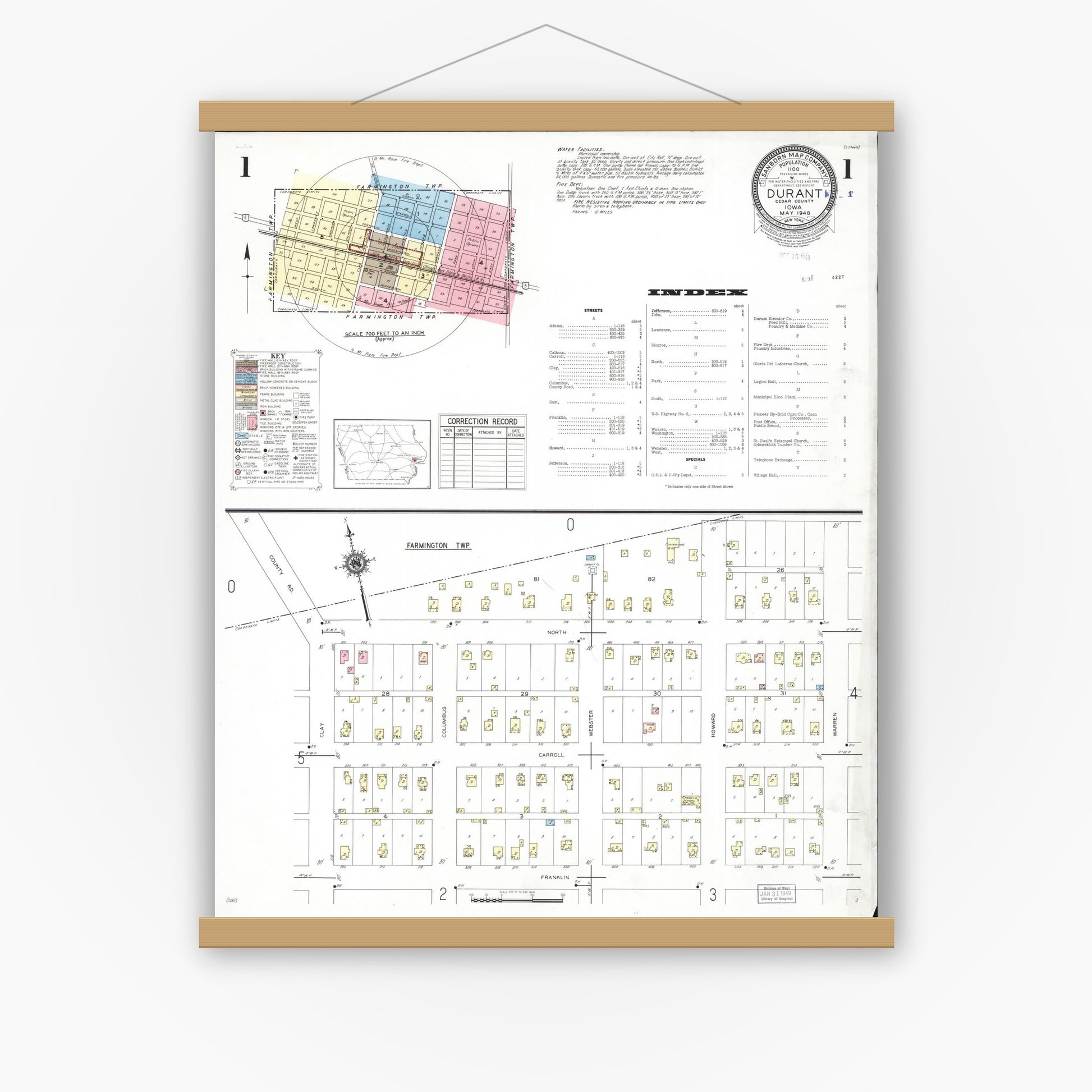 Old map wall art mockup — magnetic wood frame on white wall — Sanborn Fire Insurance Map from Durant, Cedar County, Iowa (1948), Sheet #0001