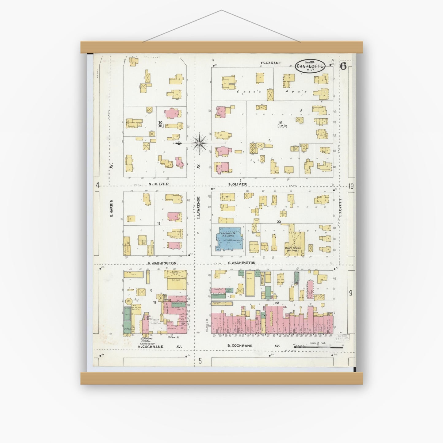 Old map wall art mockup — magnetic wood frame on white wall — Sanborn Fire Insurance Map from Charlotte, Eaton County, Michigan (1904), Sheet #0006