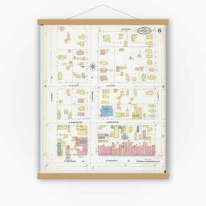 Old map wall art mockup — magnetic wood frame on white wall — Sanborn Fire Insurance Map from Charlotte, Eaton County, Michigan (1904), Sheet #0006