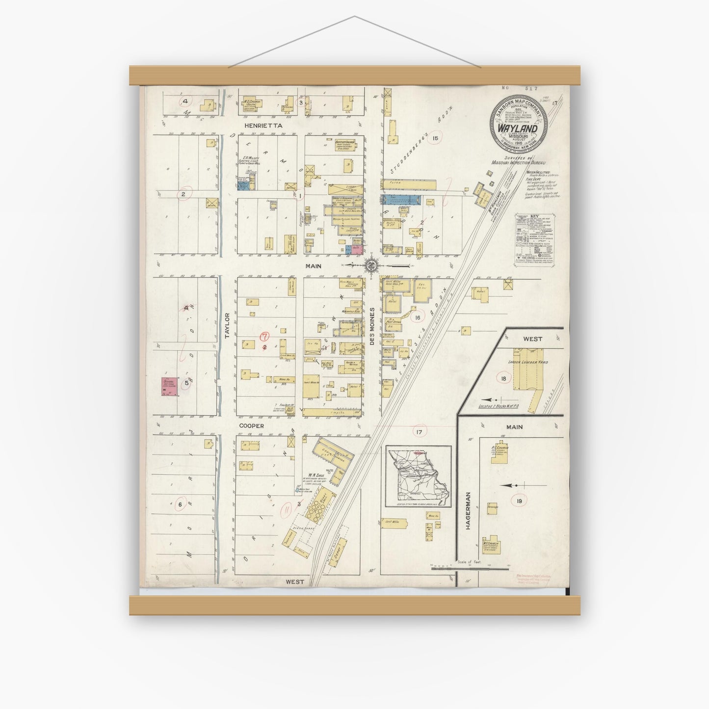 Old map wall art mockup — magnetic wood frame on white wall — Sanborn Fire Insurance Map from Wayland, Clark County, Missouri (1916), Sheet #0001