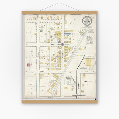 Old map wall art mockup — magnetic wood frame on white wall — Sanborn Fire Insurance Map from Wayland, Clark County, Missouri (1916), Sheet #0001