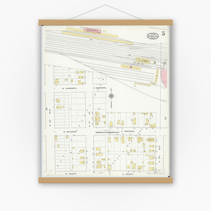 Old map wall art mockup — magnetic wood frame on white wall — Sanborn Fire Insurance Map from Staples, Todd County, Minnesota (1916), Sheet #0005