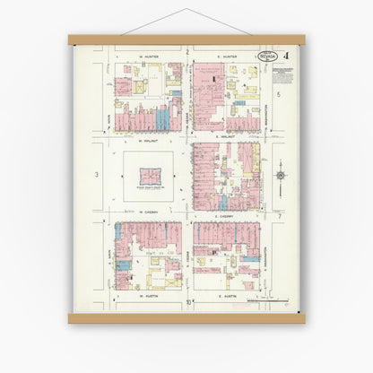 Old map wall art mockup — magnetic wood frame on white wall — Sanborn Fire Insurance Map from Nevada, Vernon County, Missouri (1914), Sheet #0004