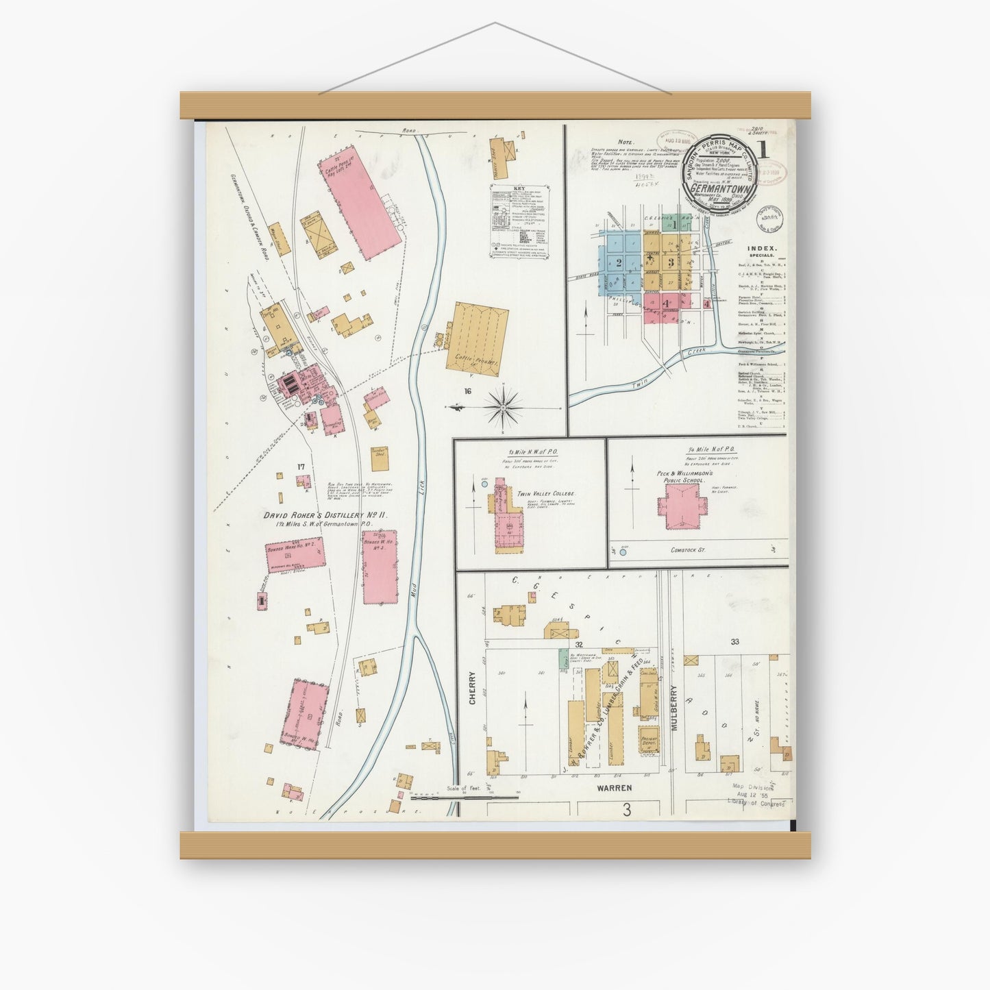 Old map wall art mockup — magnetic wood frame on white wall — Sanborn Fire Insurance Map from Germantown, Montgomery County, Ohio (1899) - Complete Map Set