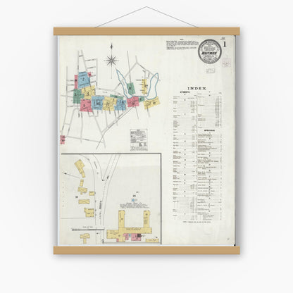 Old map wall art mockup — magnetic wood frame on white wall — Sanborn Fire Insurance Map from Whitman, Plymouth County, Massachusetts (1905) - Complete Map Set