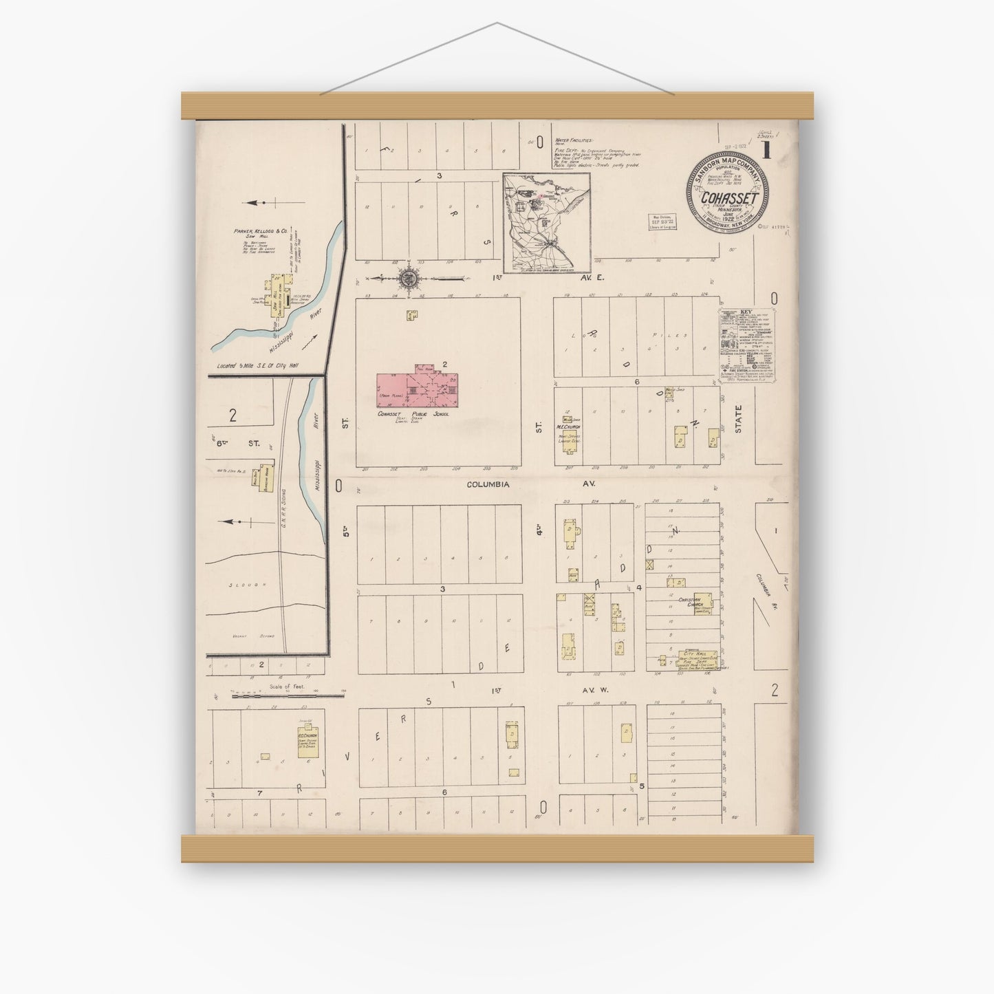 Old map wall art mockup — magnetic wood frame on white wall — Sanborn Fire Insurance Map from Cohasset, Itasca County, Minnesota (1922) - Complete Map Set