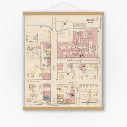 Old map wall art mockup — magnetic wood frame on white wall — Sanborn Fire Insurance Map from Belvidere, Boone County, Illinois (1922), Sheet #0010