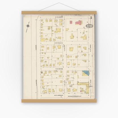 Old map wall art mockup — magnetic wood frame on white wall — Sanborn Fire Insurance Map from Gonzales, Gonzales County, Texas (1922), Sheet #0002
