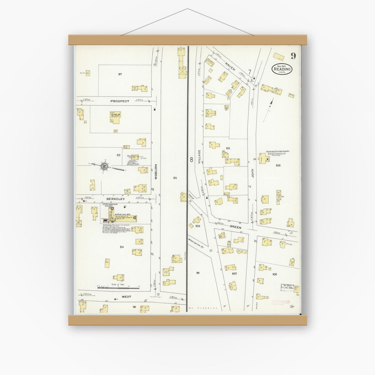 Old map wall art mockup — magnetic wood frame on white wall — Sanborn Fire Insurance Map from Reading, Middlesex County, Massachusetts (1909), Sheet #0009