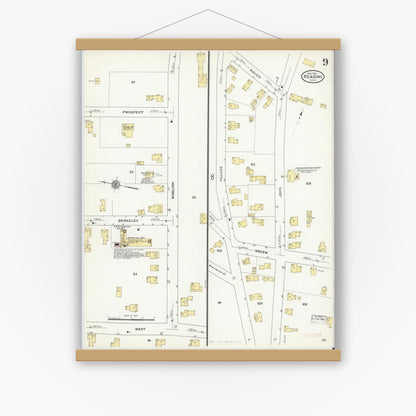 Old map wall art mockup — magnetic wood frame on white wall — Sanborn Fire Insurance Map from Reading, Middlesex County, Massachusetts (1909), Sheet #0009
