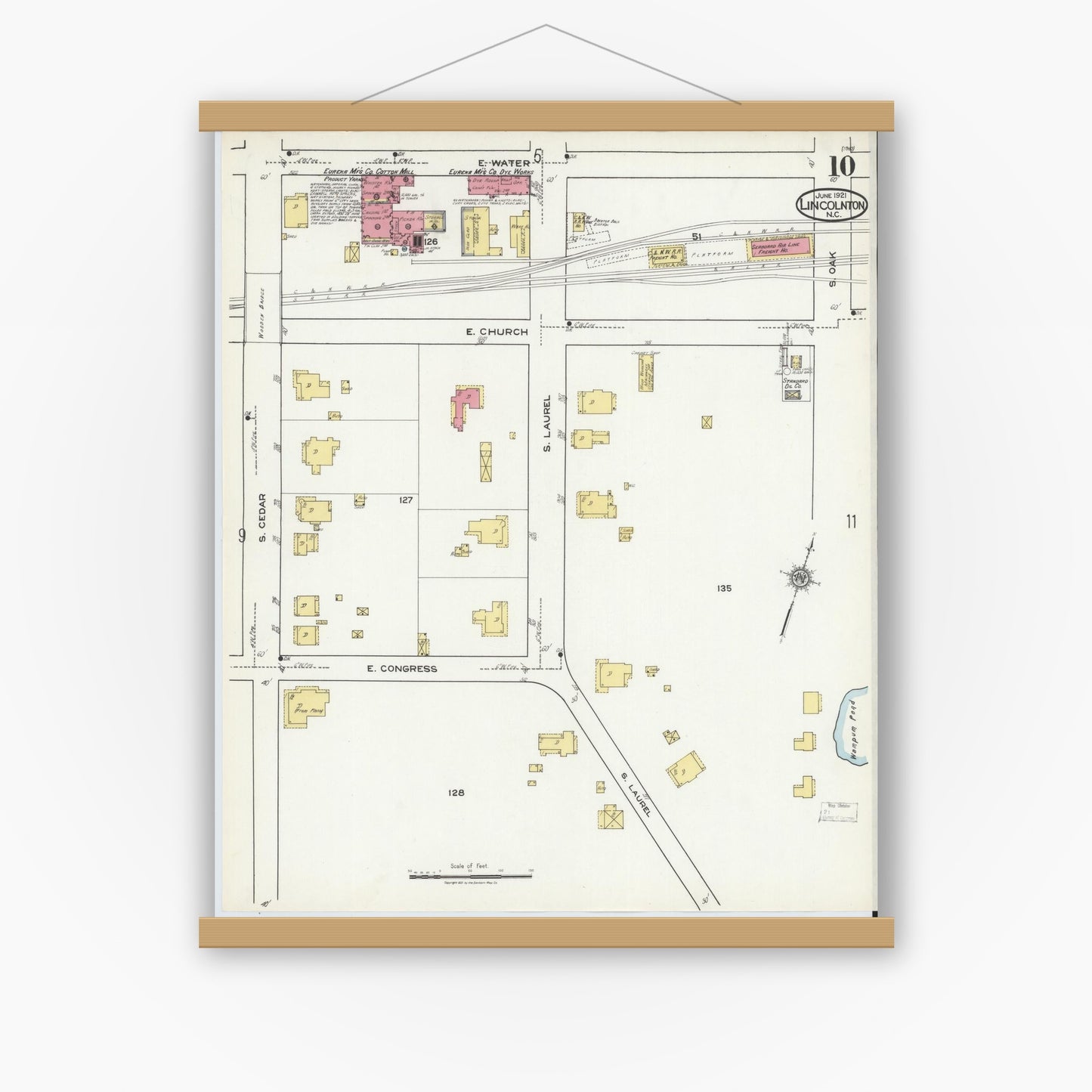 Old map wall art mockup — magnetic wood frame on white wall — Sanborn Fire Insurance Map from Lincolnton, Lincoln County, North Carolina (1921), Sheet #0010