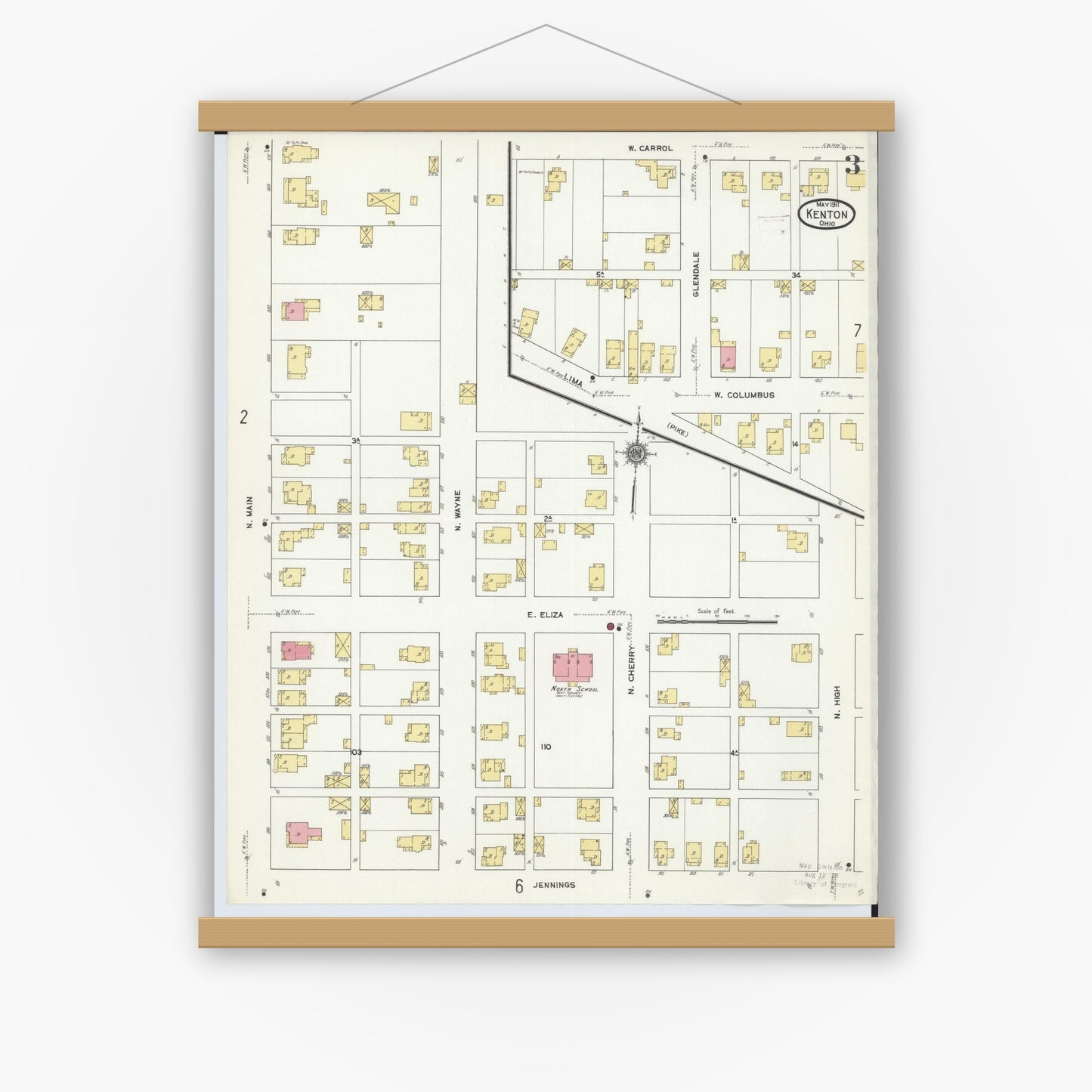 Old map wall art mockup — magnetic wood frame on white wall — Sanborn Fire Insurance Map from Kenton, Hardin County, Ohio (1911), Sheet #0003