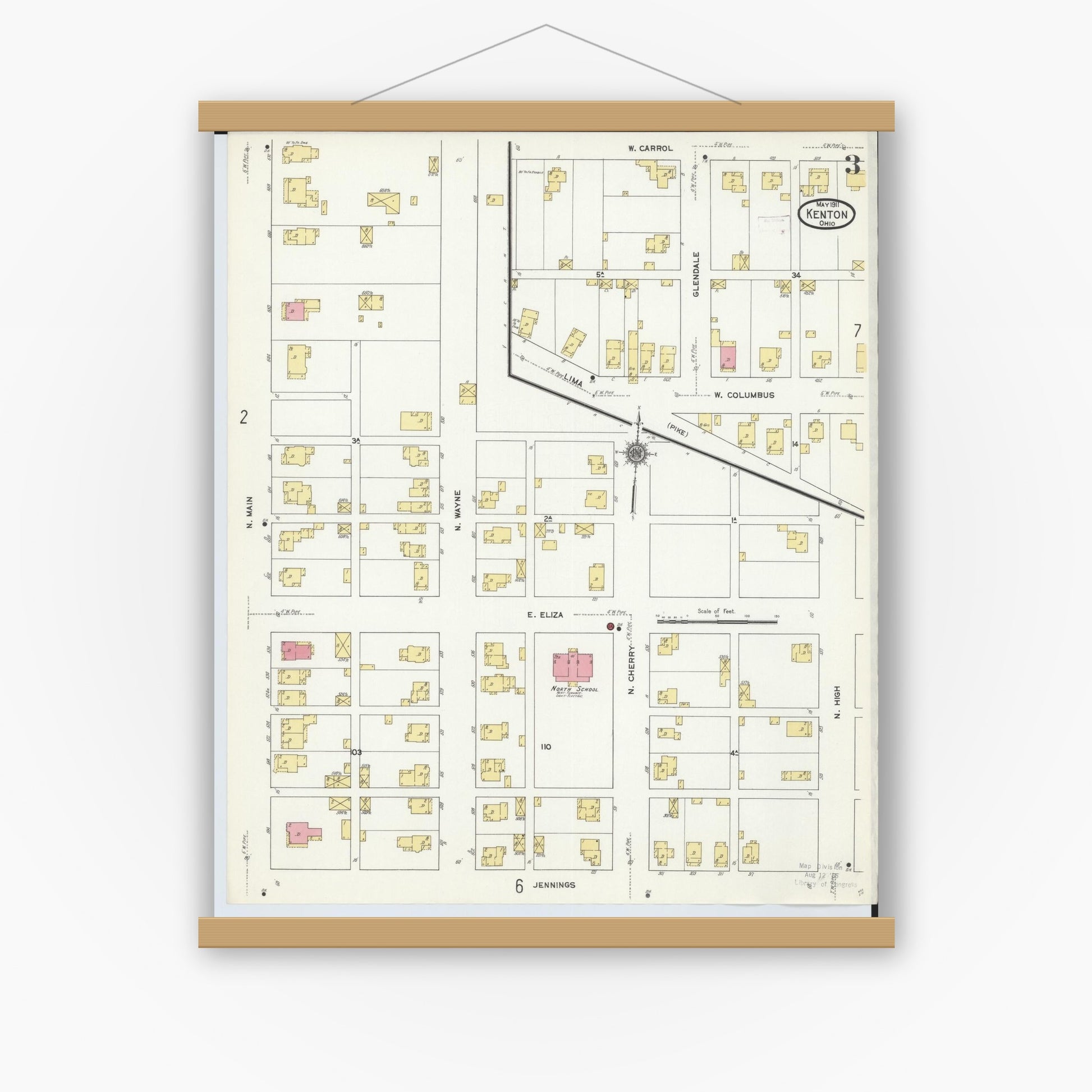 Old map wall art mockup — magnetic wood frame on white wall — Sanborn Fire Insurance Map from Kenton, Hardin County, Ohio (1911), Sheet #0003