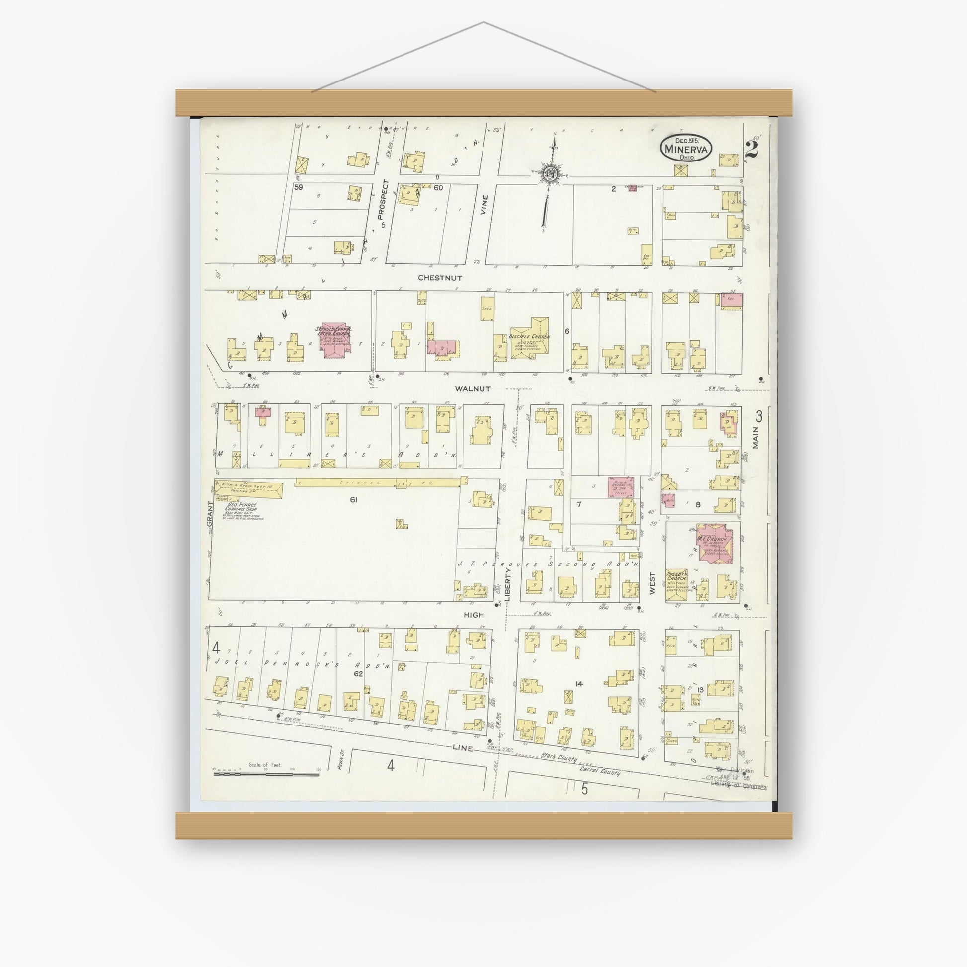 Old map wall art mockup — magnetic wood frame on white wall — Sanborn Fire Insurance Map from Minerva, Stark And Carroll Counties, Ohio (1915), Sheet #0002