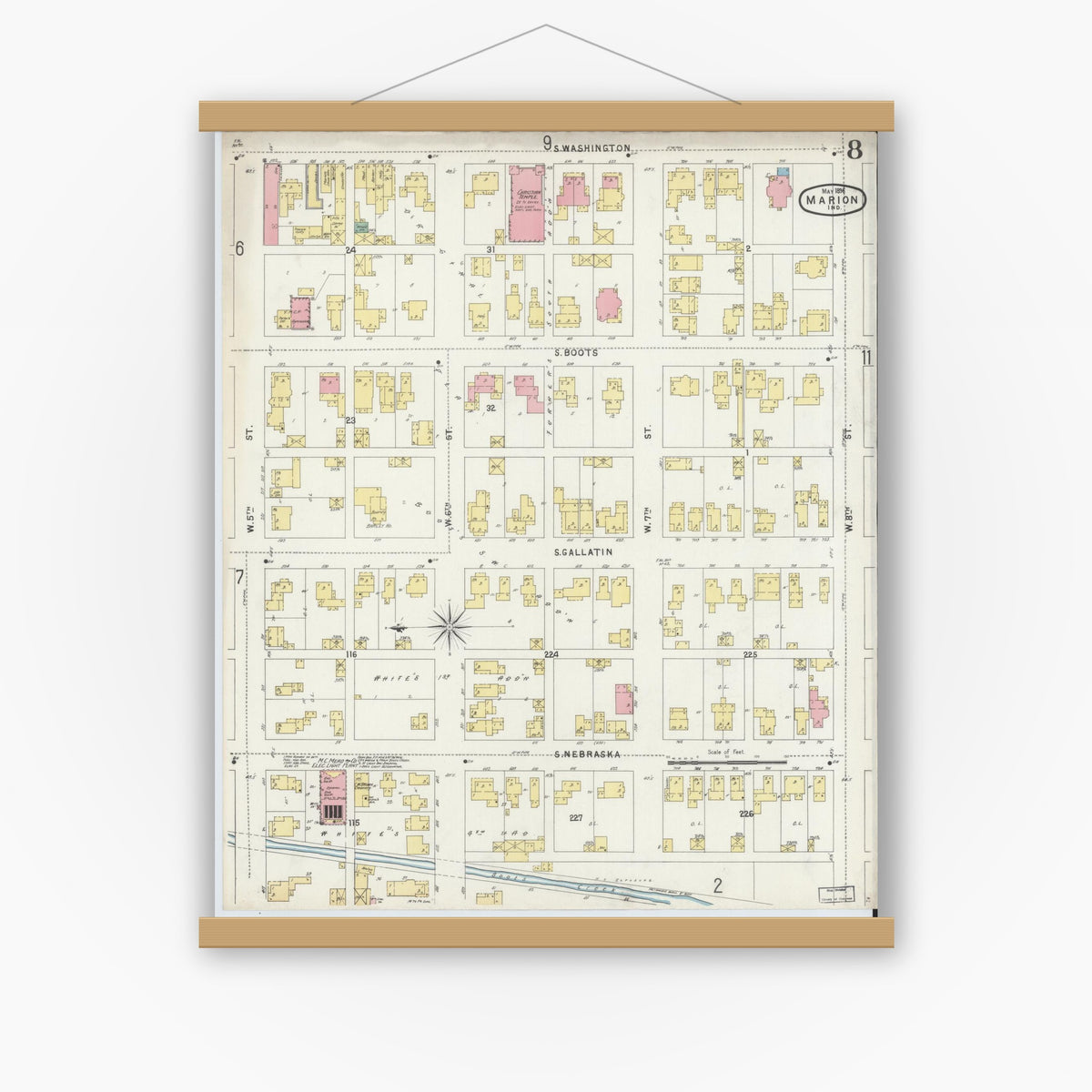 Old map wall art mockup — magnetic wood frame on white wall — Sanborn Fire Insurance Map from Marion, Grant County, Indiana (1896), Sheet #0008