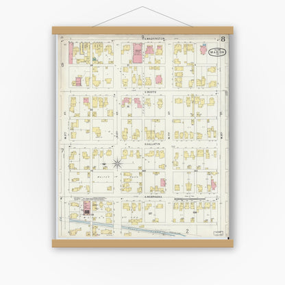 Old map wall art mockup — magnetic wood frame on white wall — Sanborn Fire Insurance Map from Marion, Grant County, Indiana (1896), Sheet #0008