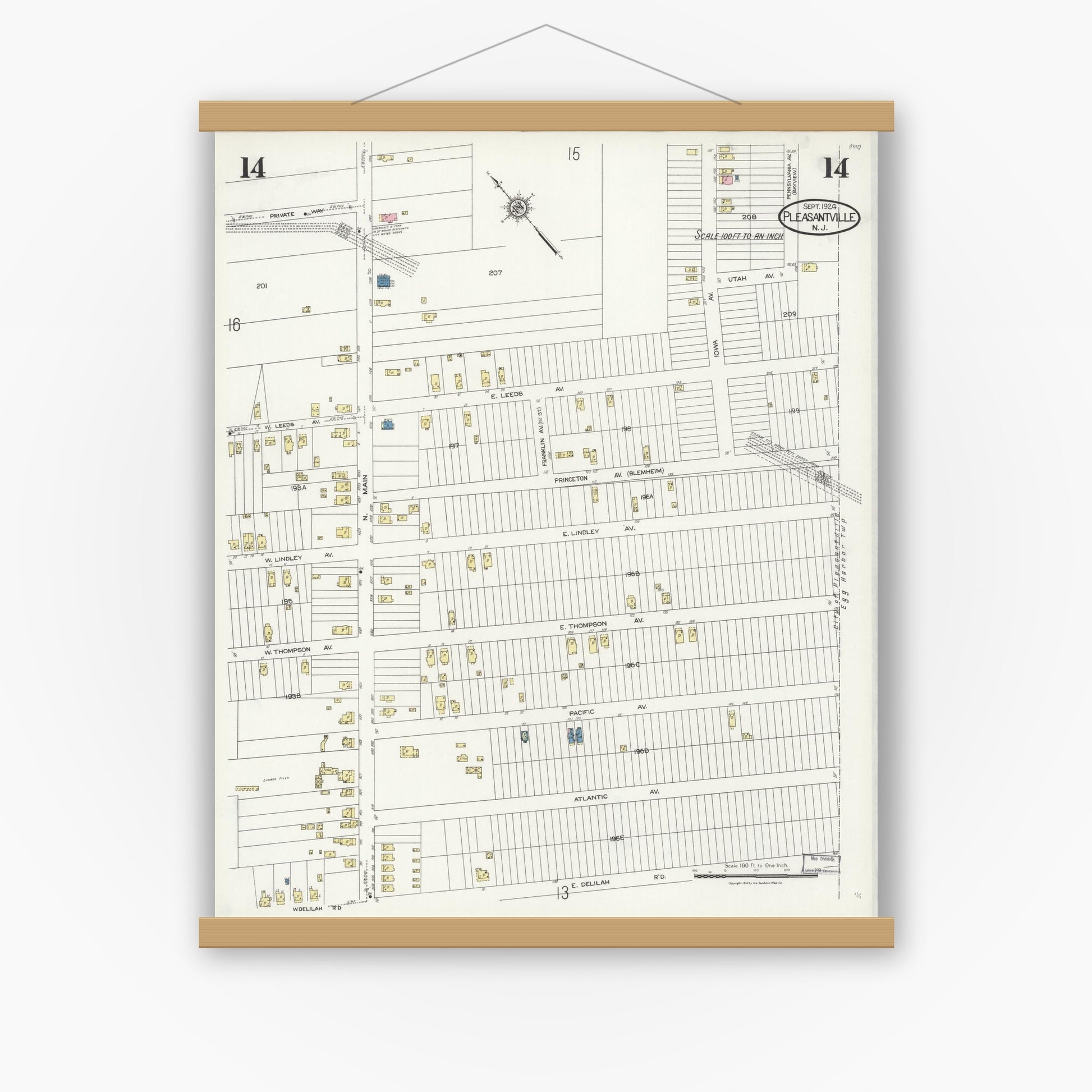 Old map wall art mockup — magnetic wood frame on white wall — Sanborn Fire Insurance Map from Pleasantville, Atlantic County, New Jersey (1924), Sheet #0014