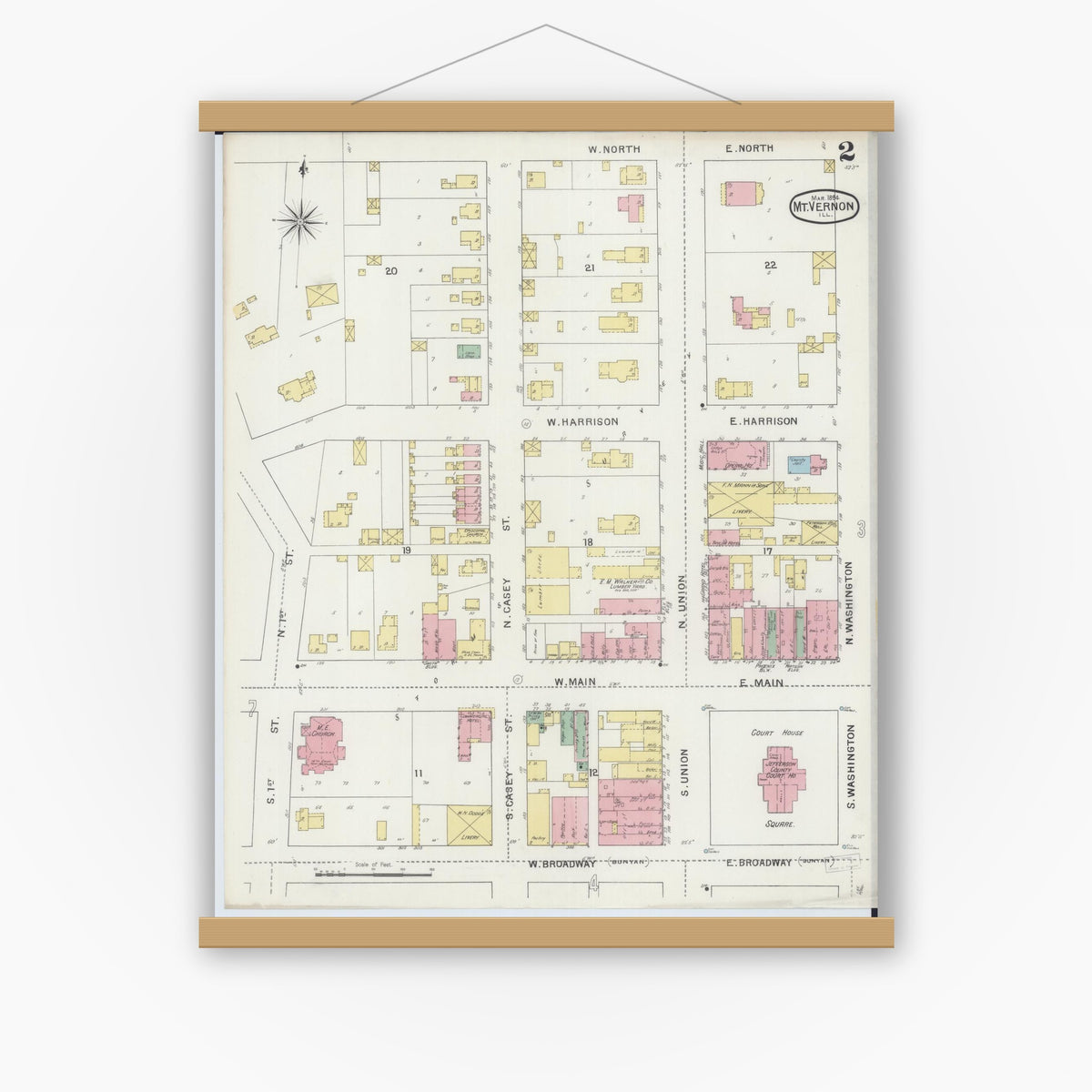 Old map wall art mockup — magnetic wood frame on white wall — Sanborn Fire Insurance Map from Mount Vernon, Jefferson County, Illinois (1894), Sheet #0002