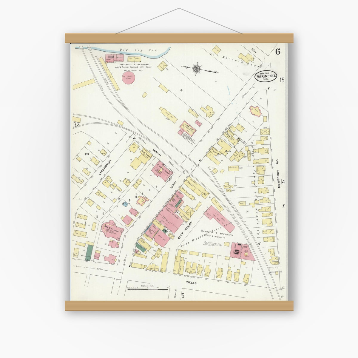 Old map wall art mockup — magnetic wood frame on white wall — Sanborn Fire Insurance Map from Marinette, Marinette County, Wisconsin (1910), Sheet #0006