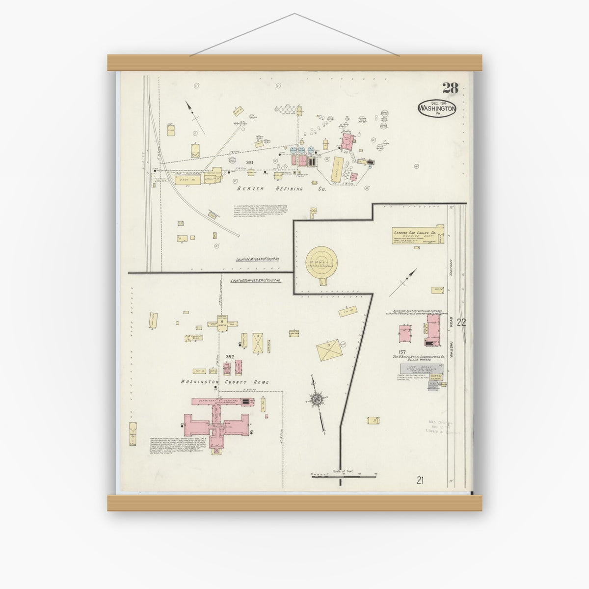 Old map wall art mockup — magnetic wood frame on white wall — Sanborn Fire Insurance Map from Washington, Washington County, Pennsylvania (1914), Sheet #0028